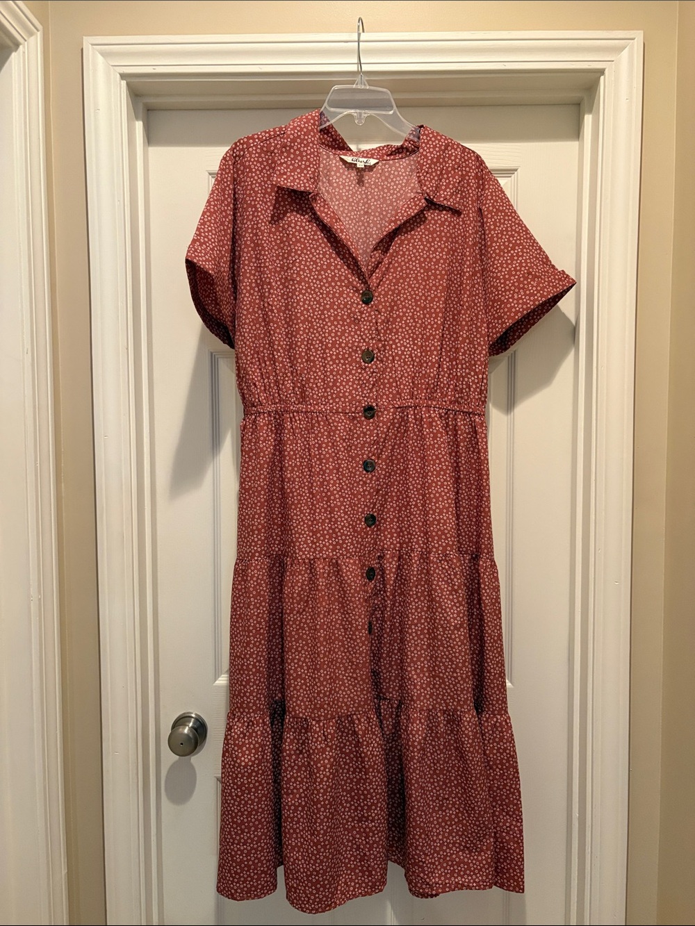 Button-Front Tiered Maxi Dress in Rust Dot